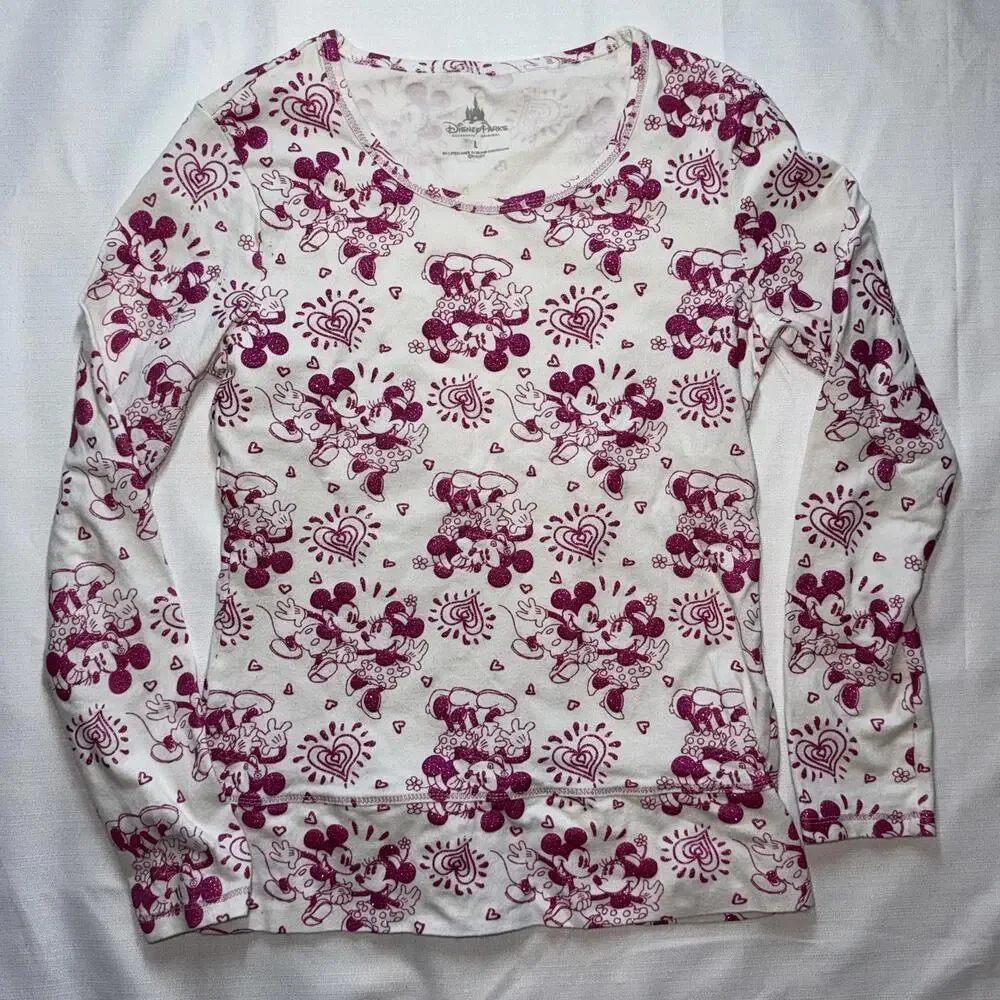 Girls Disney Parks Mickey Minnie Glitter Long Sleeve Shirt Pink Size Large Heart